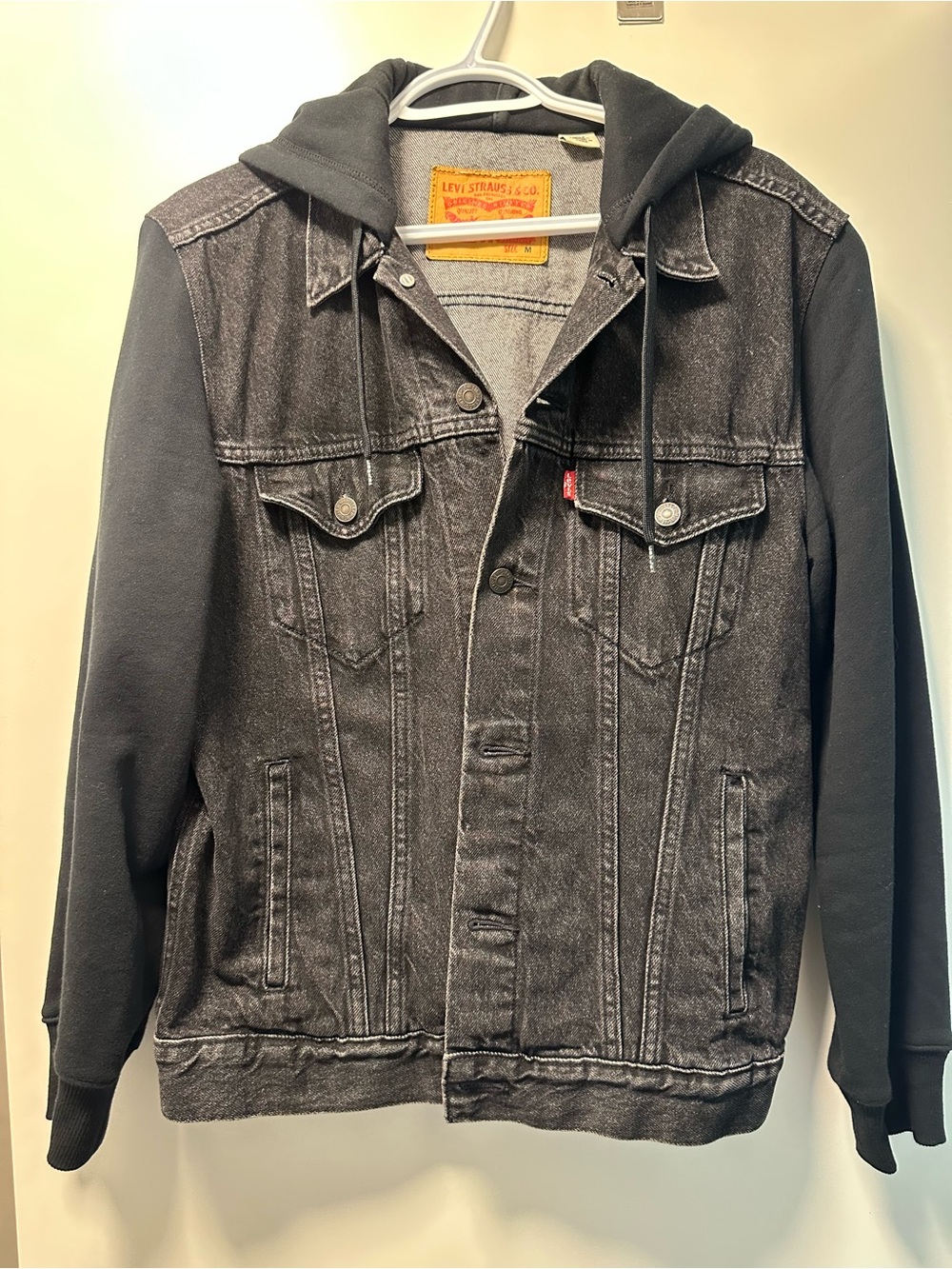 Levi's Black Hooded Denim-Style Jacket with Fleece Sleeves